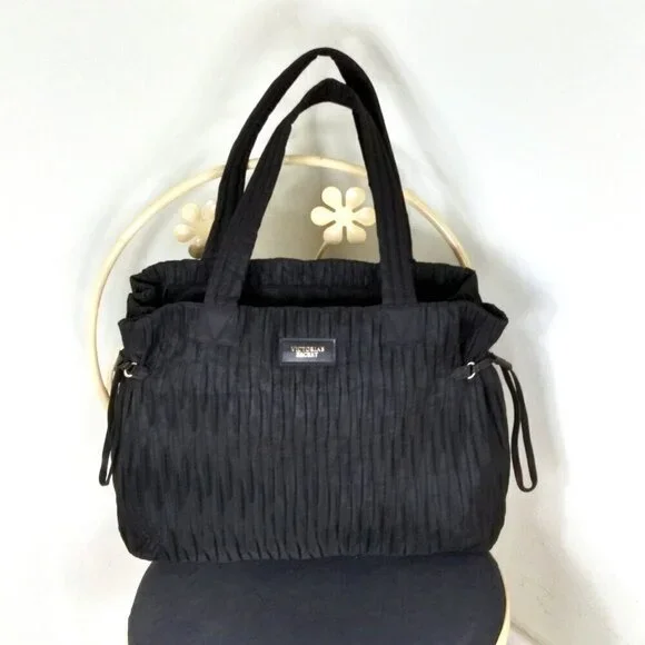 Victoria's Secret Elegant Black Satin Pleated Zip & Cinched Overnight Tote NWOT - Picture 1 of 15